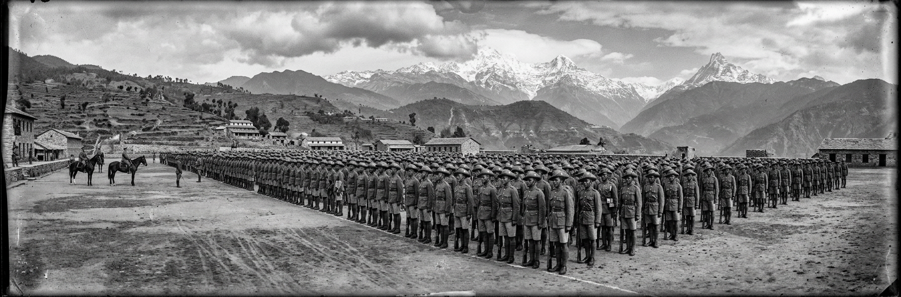 Archival photograph of young Gurkha recruits standing in ranks beneath the Himalayan foothills